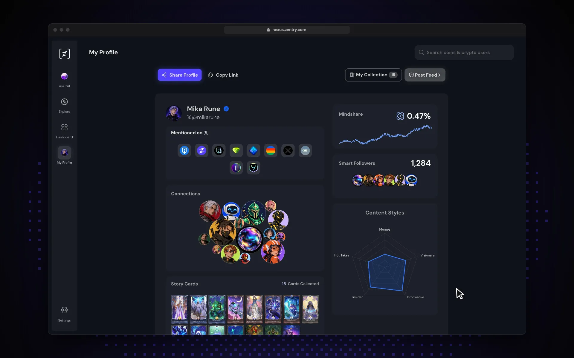 Nexus 2.0 creator profile with mindshare, smart followers, connections and collected Story Cards