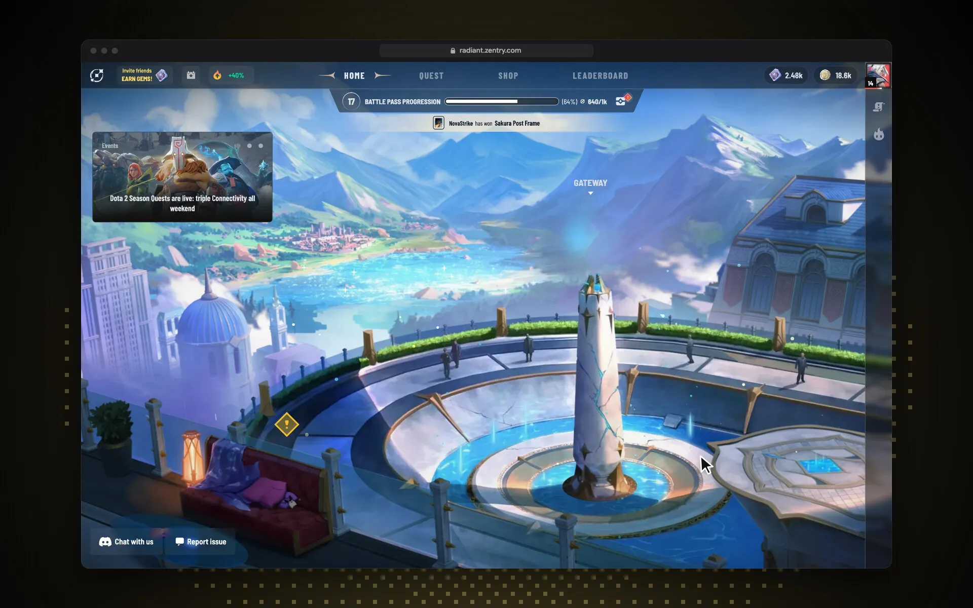 Radiant home hub with the battle pass bar, events and the gateway to the game network
