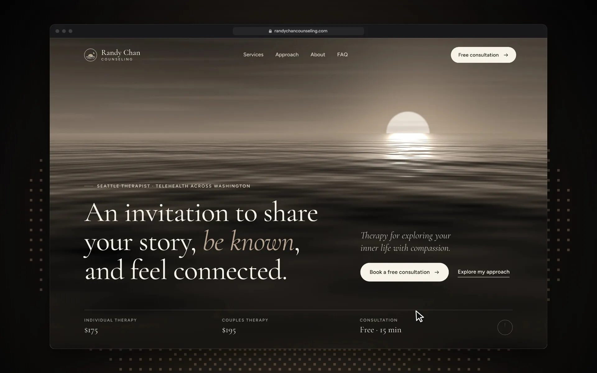 Randy Chan Counseling homepage with a sunset over the ocean
