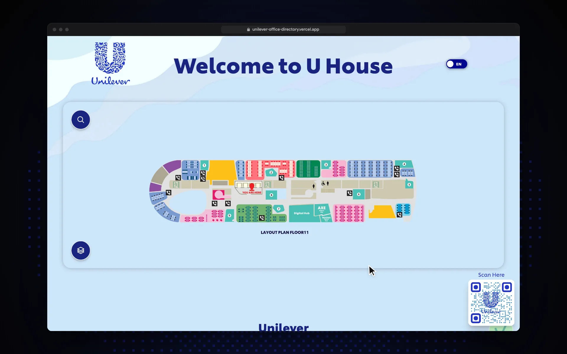 Unilever U House office directory with an interactive floor plan